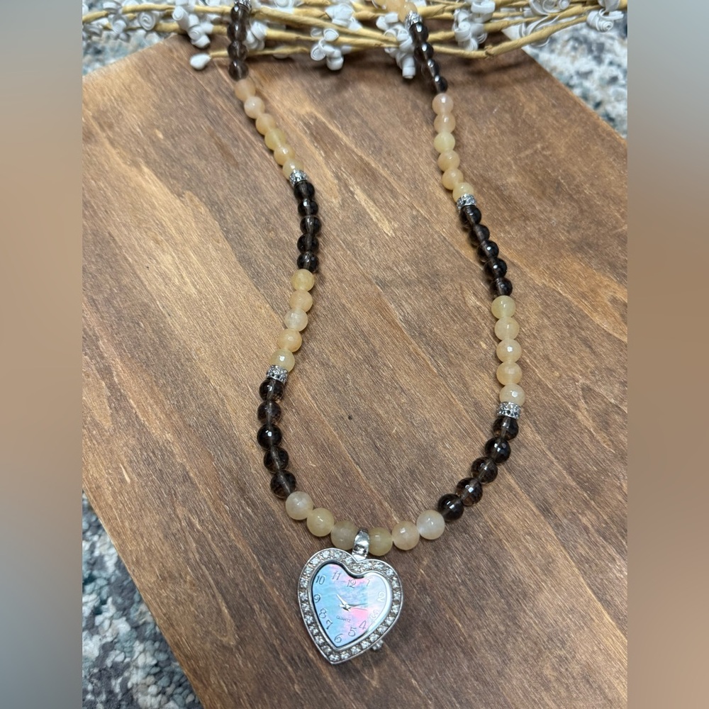 Japan Movement Rare Silver Elegant Heart Quartz WatchPendant Necklace with Beads
